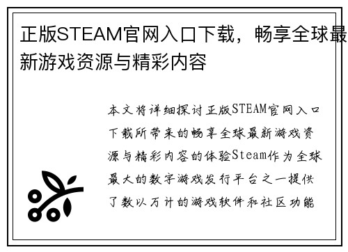 正版STEAM官网入口下载，畅享全球最新游戏资源与精彩内容